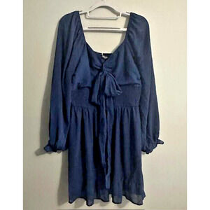 Tecrew Navy Blue Long Sleeve Smocked Waist Bow Front Chiffon Dress Size XL NWT